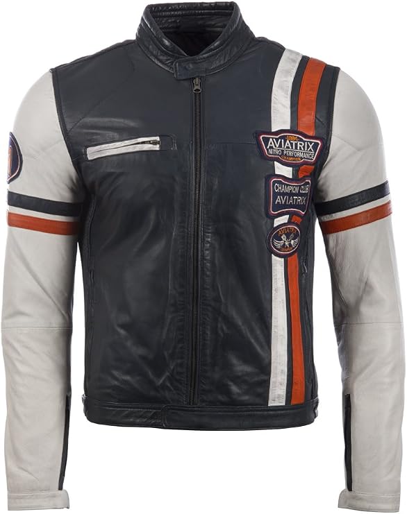 Aviatrix Men's Super-Soft Real Leather Racing Retro Biker Jacket (3ZS3)
