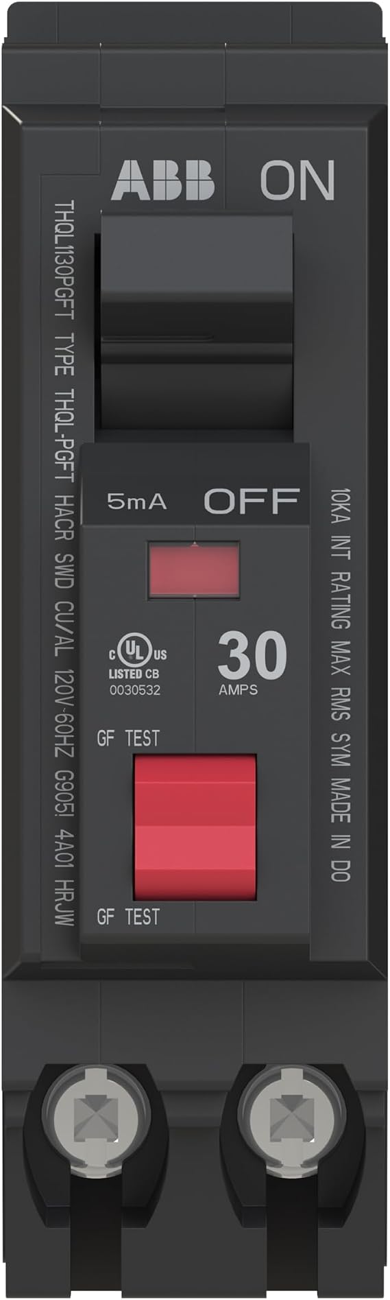 ABB Q-Line THQL1130PGFT Ground Fault Circuit Breaker 30 Amp Single-Pole Breaker GFCI Protection 120/240 VAC 10 kAIC Interrupt Rating Plug-On Neutral Breaker for Load Centers