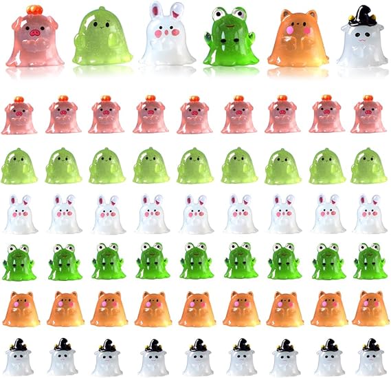 60pcs Halloween Mini Animal Figurines - Resin Ghosts, Cute Miniatures, Garden Decor, Party Favors, Outdoor & Home Decoration (Glows in Dark)