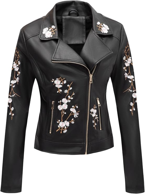 Bellivera Women's Faux Leather Jacket Floral Lightweight Moto Coat