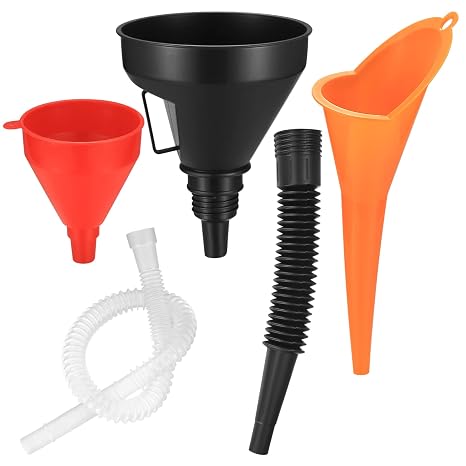3 Stück Einfülltrichter Set rechtwinkliges flexibles Kunststoff Trichter Set Universal Auto Benzin Kraftstoff Trichter mit abnehmbarem Auslauf und langen Trichtern (Rot/Orange/Schwarz-3 Stück)
