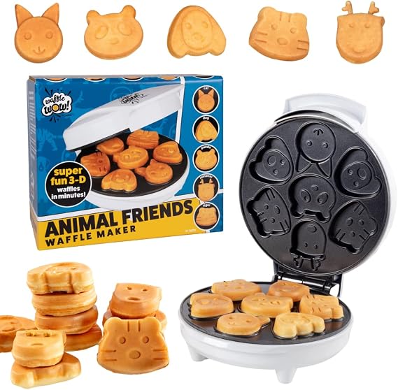 Waffle Wow! Animal Friends Waffle Maker, 7 Animal Shapes, Nonstick Electric | Mini Waffler Iron for Kids Breakfast & Parties- Quick Heat Easy Release, Compact Storage, Family Fun, Includes Recipe Guide