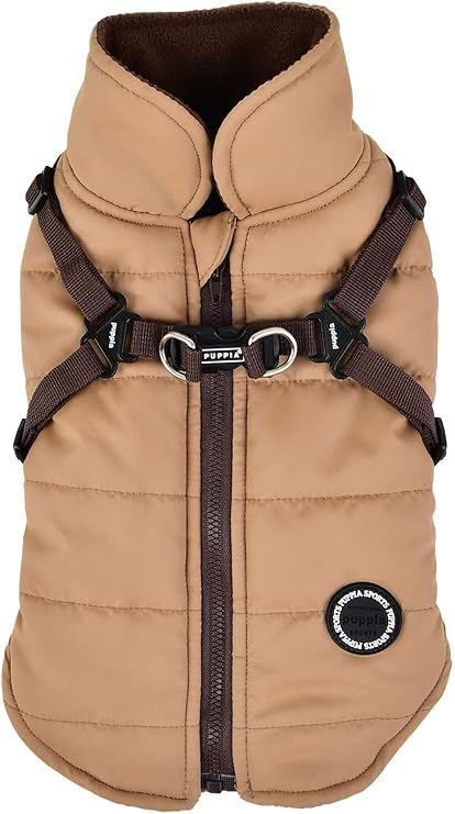 Puppia Mountaineer Winter Dog Coat with Integrated Harness No Pull Cold Weather Waterproof Warm Fleece Back Zipper for Small & Medium Dog, Beige, Small