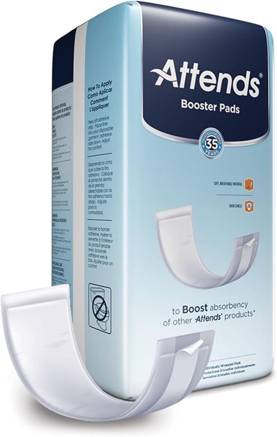 Attends Booster Pads for Adult Incontinence designed to boost absorbency of other Attends products, Unisex, one size, 3.5"x11", 24 Count (Pack of 8)