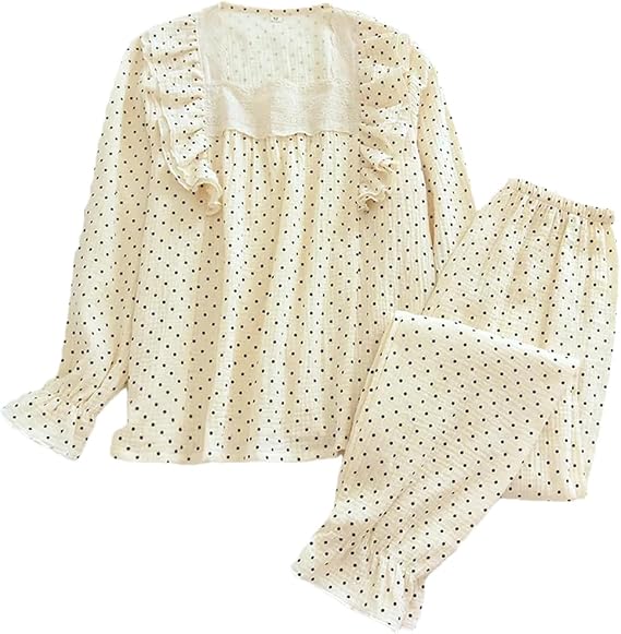 Women Polka Dot Cotton Crepe Pajama Set Ruffles Square Collar Lounge Wear Vintage Sleepwear