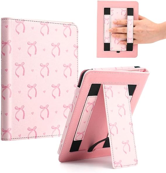 Pink Bow Case for 7"/6.8" Kindle Paperwhite 2024 12th/11th Generation,Hand Strap Stand Cover Sleeve for Amazon Kindle Colorsoft Signature/Kids Edtion,2025 Cute Coquette Ereader Ebook Gifts Accessories