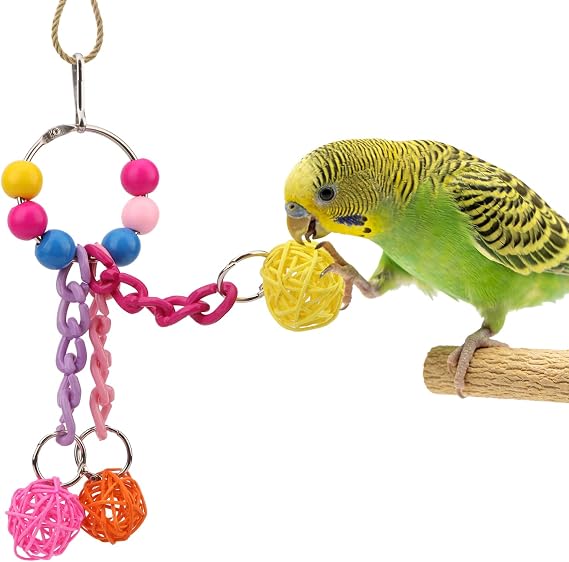 Hypeety Parrot Chew Toys Colourful Balls Hanging SwingToy for Pet Bird Parrot Parakeet Cockatiel Conure African Grey Cockatoo Amazon Budgie Lovebird Cage Chew Toy (A)