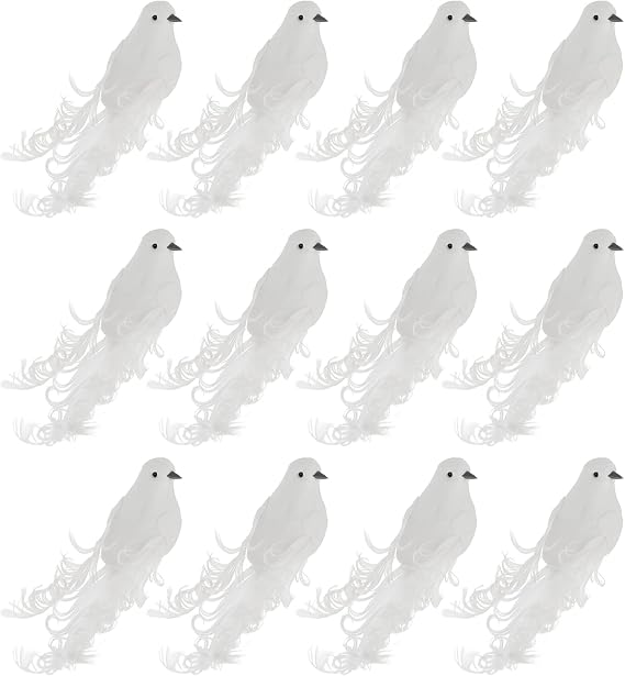 12 Pack Artificial White Doves, White Doves Decoration with Metal Clips, Simulation Feather White Mini Birds Clip on Tree Ornaments for DIY Crafts Christmas Ornaments, Wreaths, Wedding Decor(White)