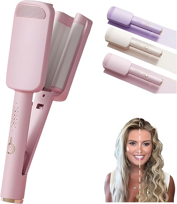 Hair Waver Crimper, Curling Iron Hair Crimper Waver, Beach Waves Curling Wand, Ionic Deep Waver Hair Curler Tool with Ceramic 3 Barrel for Women, Dual Voltage, Anti-Scald, 1.25 Inch (Pink)