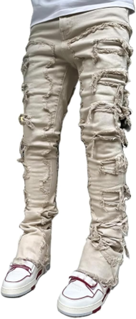 Men's Black Stacked Jeans Ripped Jeans Patch Distressed Destroyed Denim Trousers Streetwear Men Pants Daily Fit