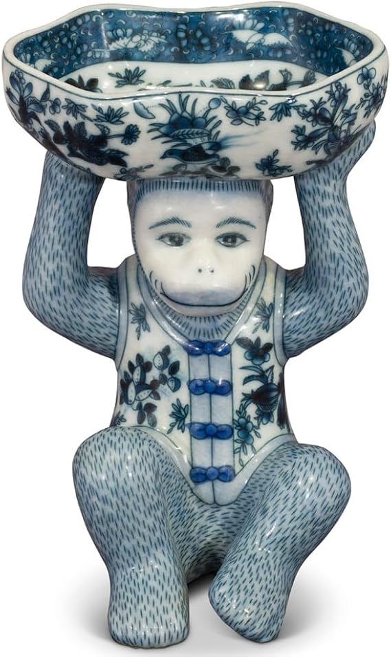 China Furniture Online Blue and White Chinese Porcelain Monkey Holding Lotus Catch-All Dish