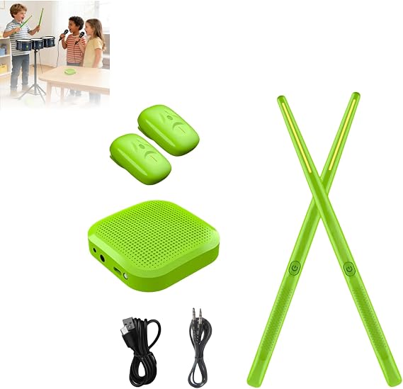 Electric Air Drumsticks Set with Foot Pedals - Portable Wireless Virtual Drum Kit for Kids & Adults, 3D Motion Sensing Electronic Drumming Sticks for Beginners, Pocket Drum Set (Green)