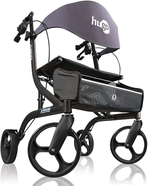 Hugo Mobility Explore Side-Fold Rollator Walker with Seat, Backrest and Folding Basket, Pearl Blk