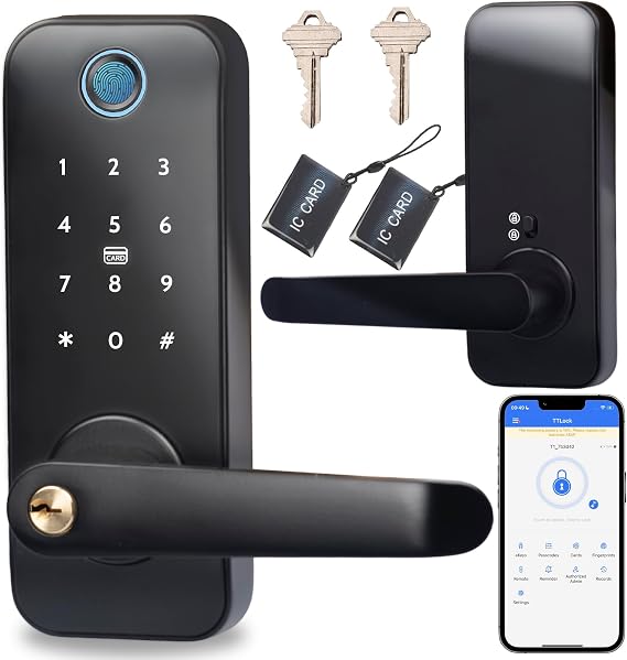 Fingerprint Smart Door Lock with Handle, Keyless Entry Deadbolt Lock for Front Door, Office and Bedrooms, Digital Electronic Lock with Touchscreen Keypad, Remote App Control
