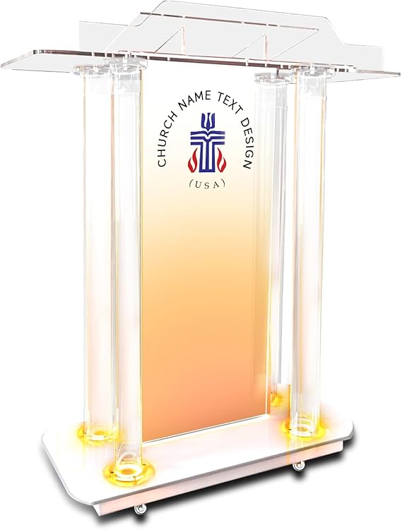 Customized Church Pulpit with Wheels, 46Church Podium with 15 Colors Led Light, Acrylic Church Podium Lecterns with Rollers& Vertical Reading Platform, for Churches Entrance, Classroom