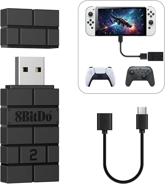 8BitDo USB Wireless Adapter 2, Bluetooth Adapter for Switch/2, Windows 10, PS Classic, Android, Raspberry Pi, Retrofreak System, Compatible with Xbox Series, Joycon, Switch Pro, PS5/4/3 Controller BLK