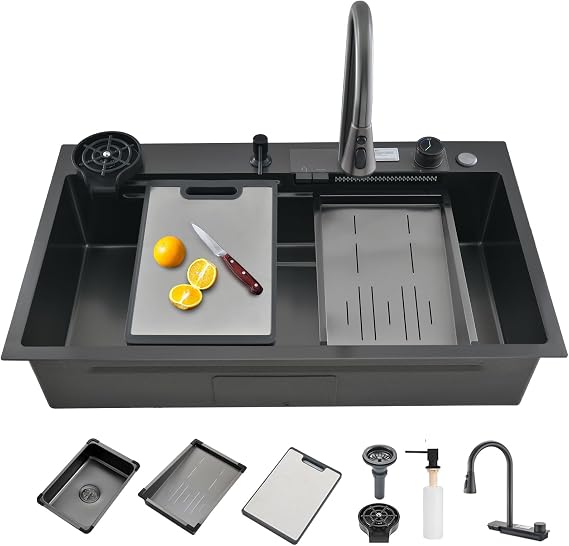 34 Inch Drop-in Kitchen Sink,Waterfall Single Bowl Stainless Steel Multifunctional Kitchen Sink with 2-in-1 Faucet and Accessories (34"x18")
