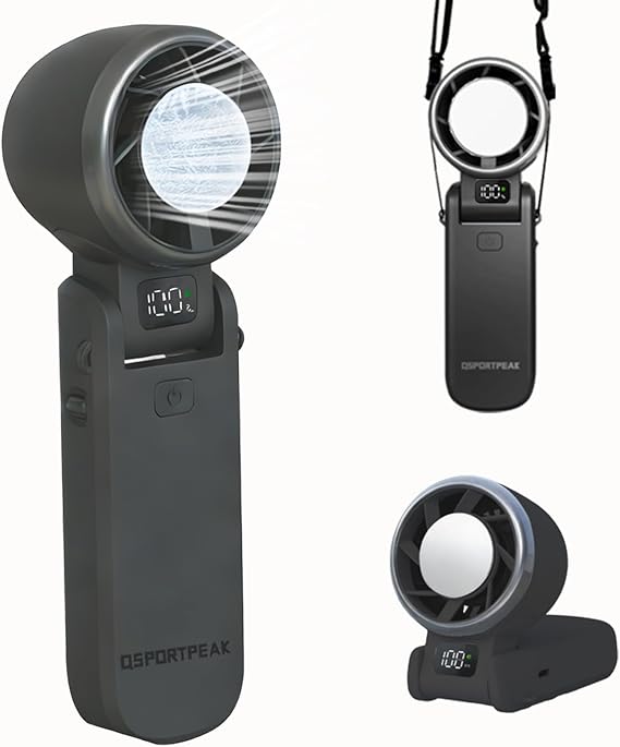QSPORTPEAK Portable High Speed Cooling Handheld Turbo Fan, 4000mAh Rechargeable Battery Operated Fan with LED Display, 100 Wind Speeds Adjustable Mini Foldable Air Cooling Fan, Black