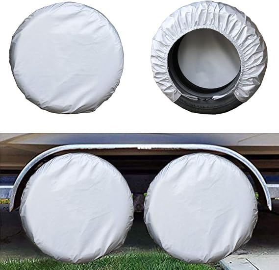 Kayme Rv Tire Covers Set of 4, Waterproof Wheel Cover Travel Trailer Camper Truck SUV Motorhome, Sun Rain Snow Protector, Fit 24-26 Inch Tire Diameter/Silver