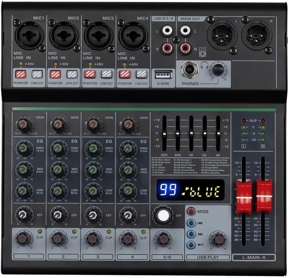 ミキサー オーディオ プロの DJ パーティー音楽 6 チャンネルミキサーコンソール Bluetooth USB 99DSP エフェクト OTG