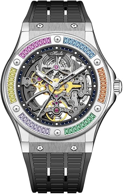 Haofa Hollow Automatic Mechanical Watch for Men Luxury Diamond-Studded Sapphire Waterproof Self-Wind Watches Trend Rhinestone Case Business Casual Mens Watch 1913S