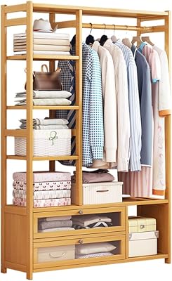 SYALEO Perchero Bamboo Clothes Rack Storage Shelves w2 Drawers Free Standing Garment Rack wSide Hooks & Pants Rack Heavy Duty Clothing Hanging Rack for Hall Laundry Room