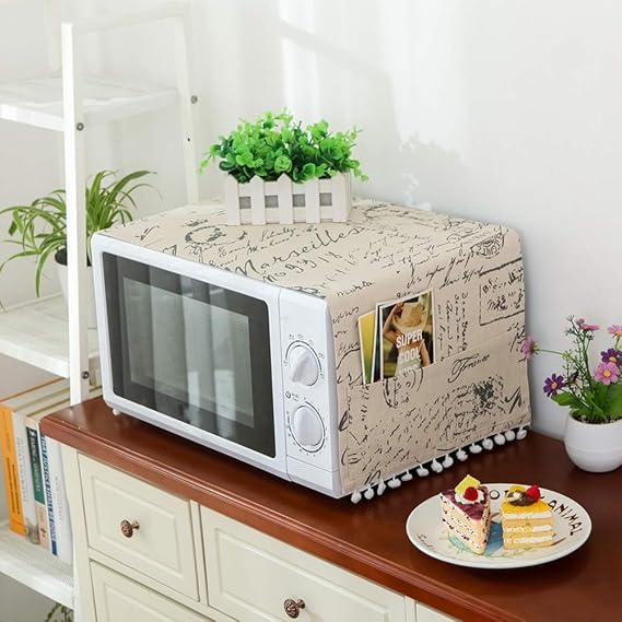AKOAK 1 Pack 30cm x 90cm/11.81" x 35.43" Household Kitchen Microwave Dust Cover Cotton Linen Oven Cover with Storage Bag Home Decoration Accessories (English Letters)