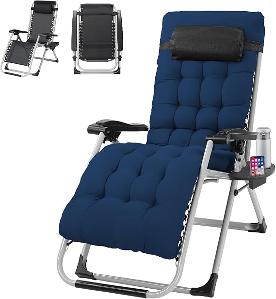 VINGLI Padded Zero Gravity Chair, Lounge Chair with Removable Cushion & Tray, Folding Reclining Patio Chairs, Recliner Chair for Lawn,Indoor and Outdoor-Blue