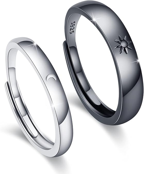 Sun and Moon Couple Rings 2pc 925 Sterling Sliver Engagement Adjustable Couple Matching Rings Engagement Wedding Band Set for Couples Him and Her Blake and White Promise
