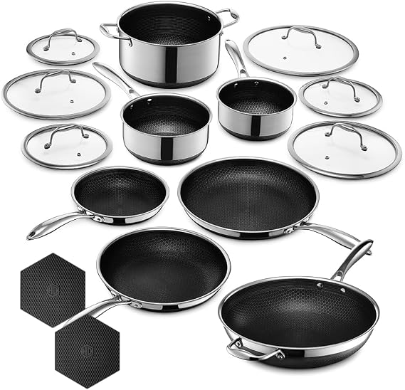 HexClad Hybrid Nonstick 15-Piece Cookware Set, 12" Wok, 8", 10", and 12" Pans with Lids, 2, 3, and 8Qt Pots with Lids, and 2 Silicone Trivets, Stay-Cool Handles, Dishwasher and Oven-Safe