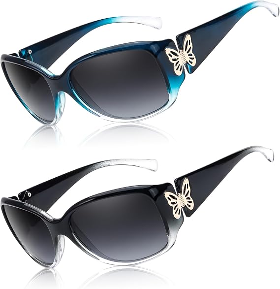 Myiaur 2 Pack Polarised Sunglasses for Women, Wrap Around UV400 Protection | Anti Glare Trendy Retro Shades, Butterfly Decors, for Driving, Travel