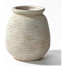 Rustic Terracotta Pot, 7 Inch Short Farmhouse Vase with Weathered Texture Off-White, Boho Home Decor for Pampas Grass, Tabletop, Mantel and Shelf Styling