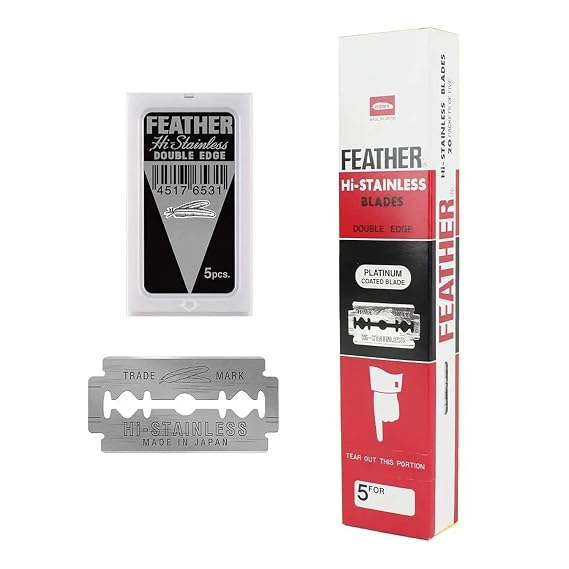 Feather Double Edge Safety Razor Blades - (50 Count) - Platinum Coated Hi-Stainless Steel Razor Blades - Fits Most Safety Razors - Super Sharp for Close Shaves - Made in Japan