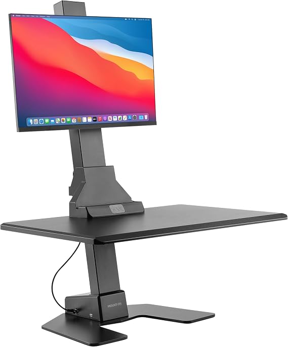 Mount-It! Electric Standing Desk Converter - Motorized Sit-Stand Desk Riser with Monitor Mount, Standup Powered Desktop Lift for Single Monitor up to 32", 28" Wide Keyboard Tray, Adjustable Height