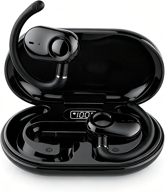 Over Open Ear Earbuds Headphones Bluetooth Wireless Outside Out of Ear Buds | Ear Hook for Runners Wrap Around Ears Air Bone Conduction Headsets Workout Sports Earphones with Earhooks Black