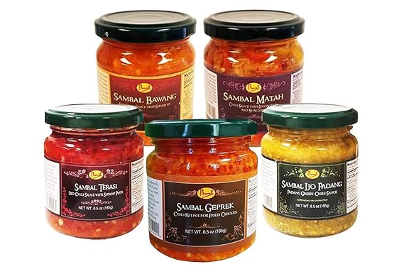 Runel Sambal Combo: 1 Sambal Geprek (Chili Relish for Fried Chicken), 1 Sambal Bawang (Red Chili Sauce with Shallot), 1 Sambal Ijo Padang (Padang Green Chilli Sauce),1 Sambal matah (Chilli Sauce with Lemongrass and shallot),1 Sambal Terasi (Red Chilli Sauce with Shrimp Paste) - 185g (6.5oz)