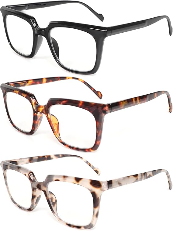MMOWW 3 Pack Reading Glasses for Women Men Sqaure Frame Blue Light Blocking Readers Spring Hinges