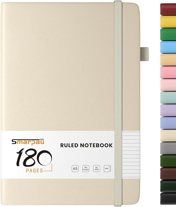 Smarpau A5 Notebook, 180 Pages Leather Journal Notebook Hardback Notepad, Thick Journal for Women Men, No Bleed for Writing, Note Book for Office School Travel-Beige