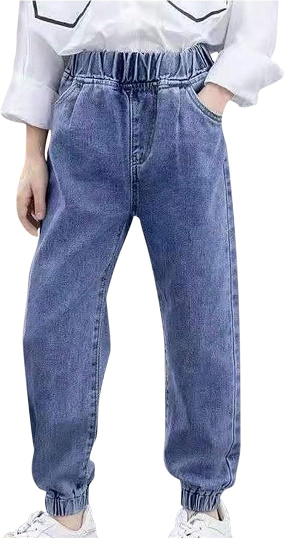 wodceeke Girls Straight Leg Denim Joggers Elastic Waist Pull on Fashion Jeans with Pockets for Kids 3-14 Years