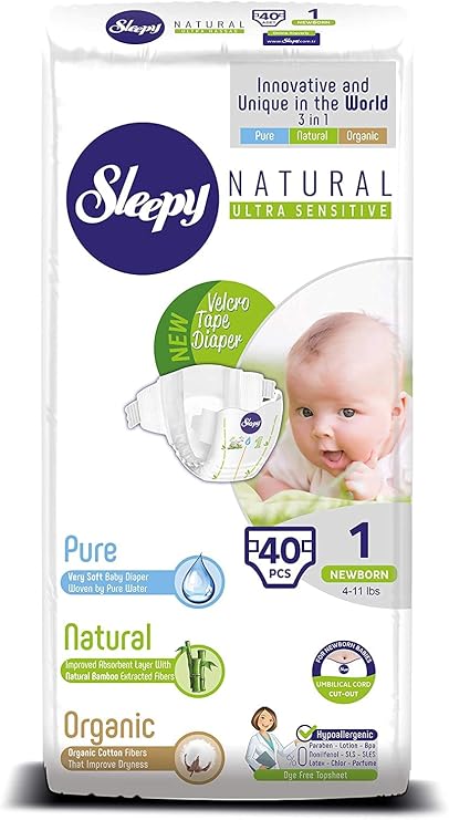 SOHO|Sleepy Natural Baby Diapers, Made from Organic Cotton and Bamboo Extract, Ultimate Comfort and Dryness, Disposable Diapers (Size 1 | 40 Count | Child Weight 4-11 lbs)