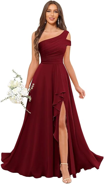 One Shoulder Bridesmaid Dresses for Women Long A-Line Ruched Ruffles Chiffon Elegant Formal Dress with Slit