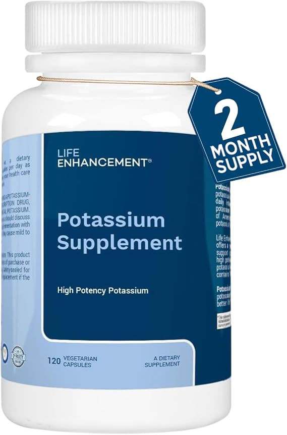 Life Enhancement High Potency 1020 mg Potassium Supplement for Muscle, Brain & Bone Health - No Additives High Absorption Elemental Potassium Supplement, Made in USA (120 Capsules 60 Servings)