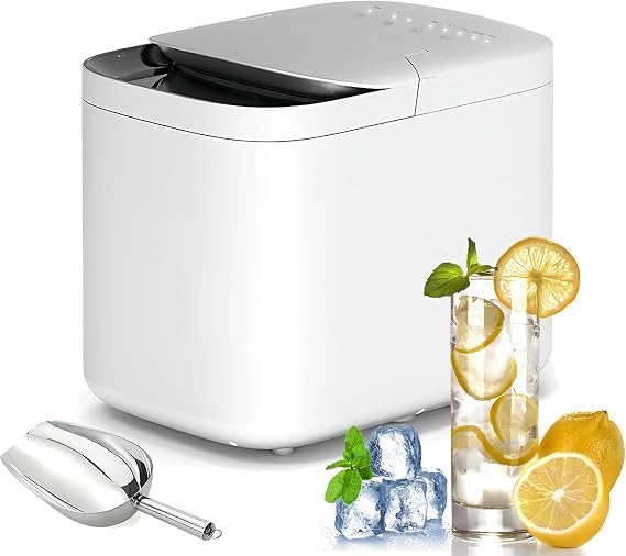 Maker Machine Countertop, Portable Ice Maker Machine, Self-Cleaning Function, 2 Sizes Bullet-Shaped Ice, 15kg/24Hrs, 9 Ice Cubes in 6 Mins with Scoop and Basket, Countertop Ice Maker for Party