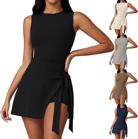 JiXiang Women's Tennis Dresses Crew Neck Sleeveless Wrap Side Slit Active Dress Built in Shorts Golf Athletic Workout Rompers