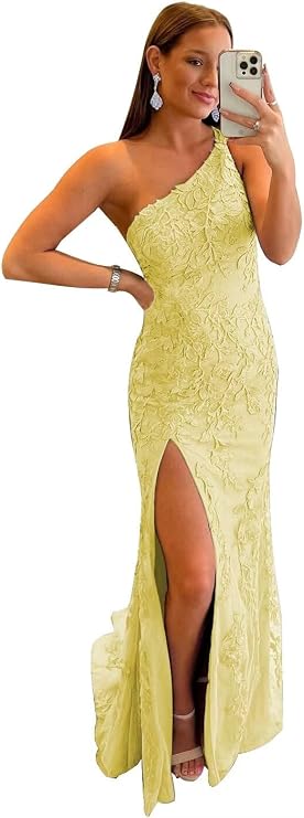 Yuxin Cute Long lace Prom Dress for Teens 2023 Tulle one shouldr Mermaid Yellow Applique Formal Party Dresses for Women us8