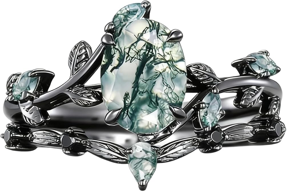 Natural Moss Agate Ring Set for Women, 10K 14K 18K Solid Gold/925 Sterling Silver Oval/Pear/Heart/Coffin/Hexagon Cut Moss Agate Vine Leaf Rings Bridal Wedding Band Gifts for Bride Wife Her