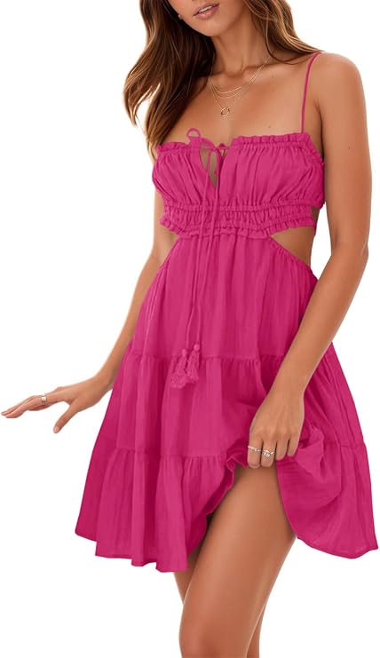 Wenrine Womens Summer Beach Mini Dress Backless Tiered Boho Sexy Dresses | Adjustable Spaghetti Straps, Sleeveless, Tiered Ruffle,Smocked ,Vacation,Party,Night Out,Sundress,Sun Dresses,Casual