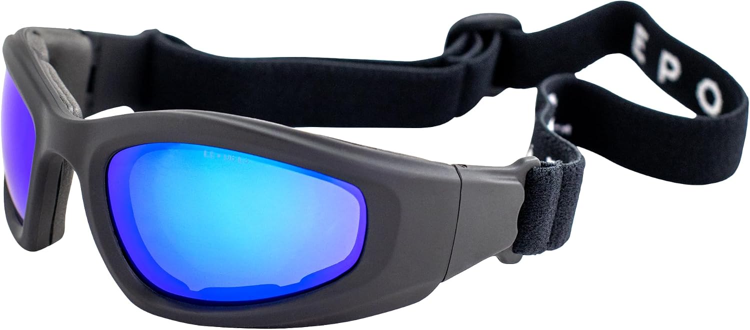 Epoch Eyewear Goggle Ski Sports & Motorcycle Padded Safety Goggles ANSI Z78.1 Black Frame wBlue Mirror Lens