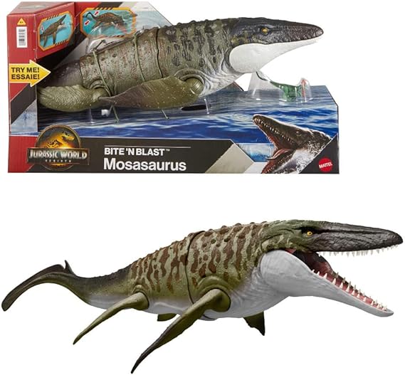 Mattel Jurassic World Rebirth Bite N Blast Mosasaurus Action Figure & Mini Dilophosaurus, Wide Jaw Dinosaur Toy, Movie-Accurate Posable, Digital Play, JCH00