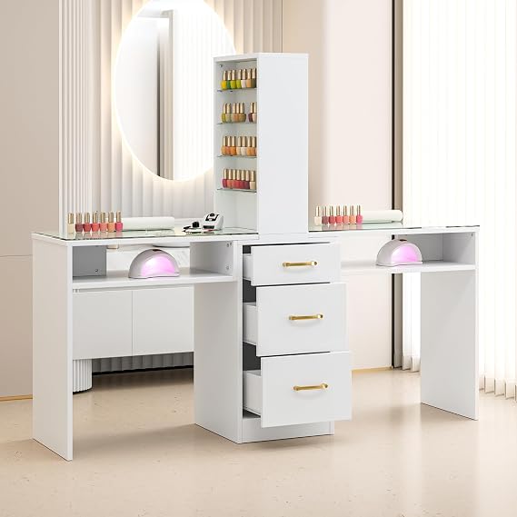 Paddie Double Manicure Table, Nail Desk for Nail Tech w/Glass Top & Wrist Rest, Nail Beauty Workstation w/3 Storage Drawers & 8-Tiers Open Shelves(White)